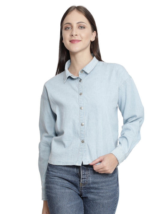 Women Regular Fit Solid Curved Collar Casual Shirt