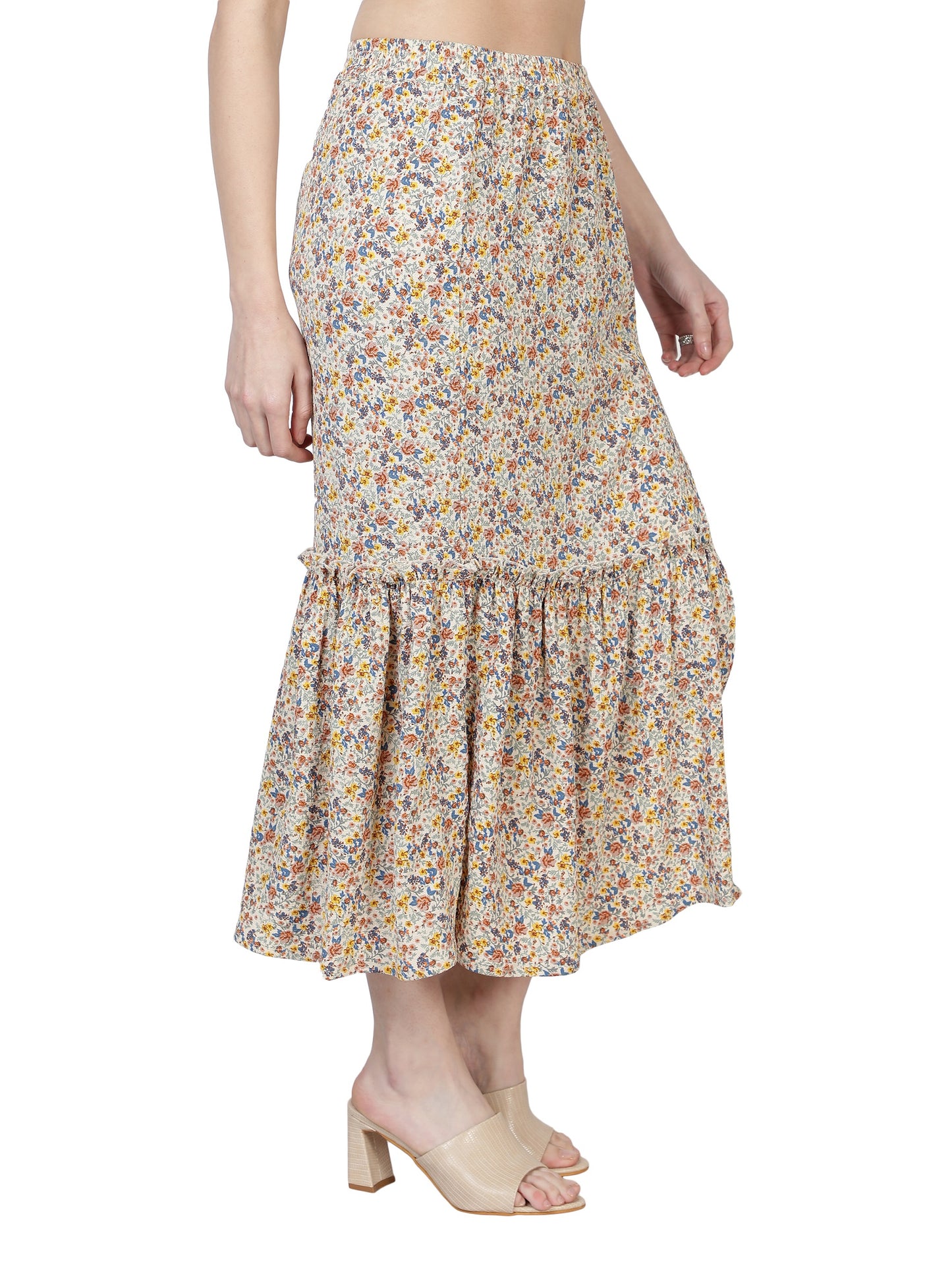 NUEVOSDAMAS Women's Western Floral Printed Knee Length Frill Skirt Beige