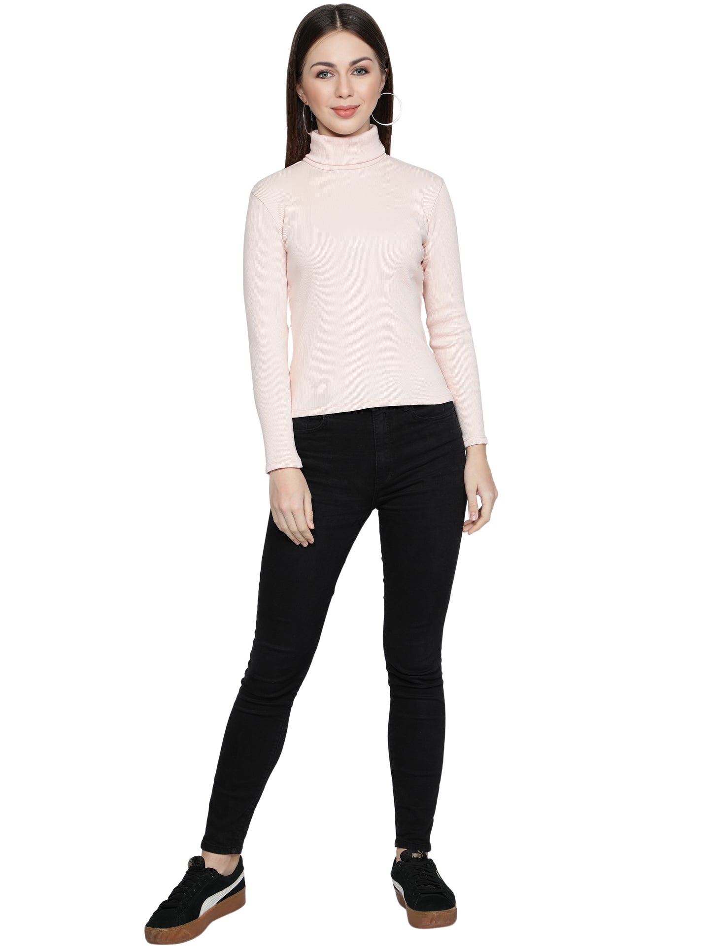 Women Roll-Up Ribbed Solid Light Pink High Neck Tops Turtle Neck Top for Women