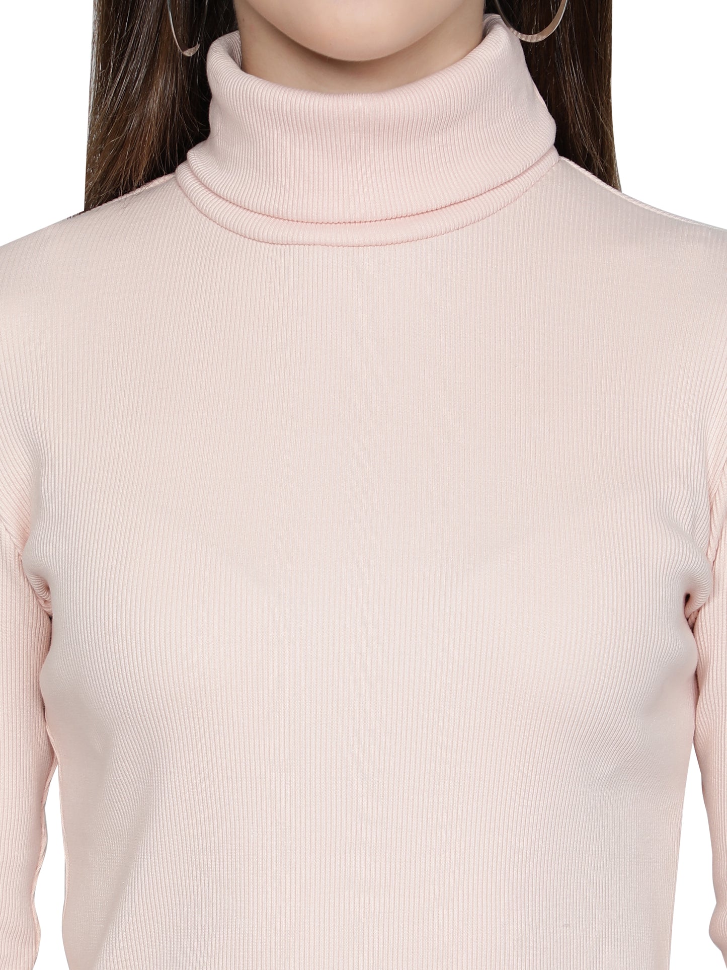 Women Roll-Up Ribbed Solid Light Pink High Neck Tops Turtle Neck Top for Women