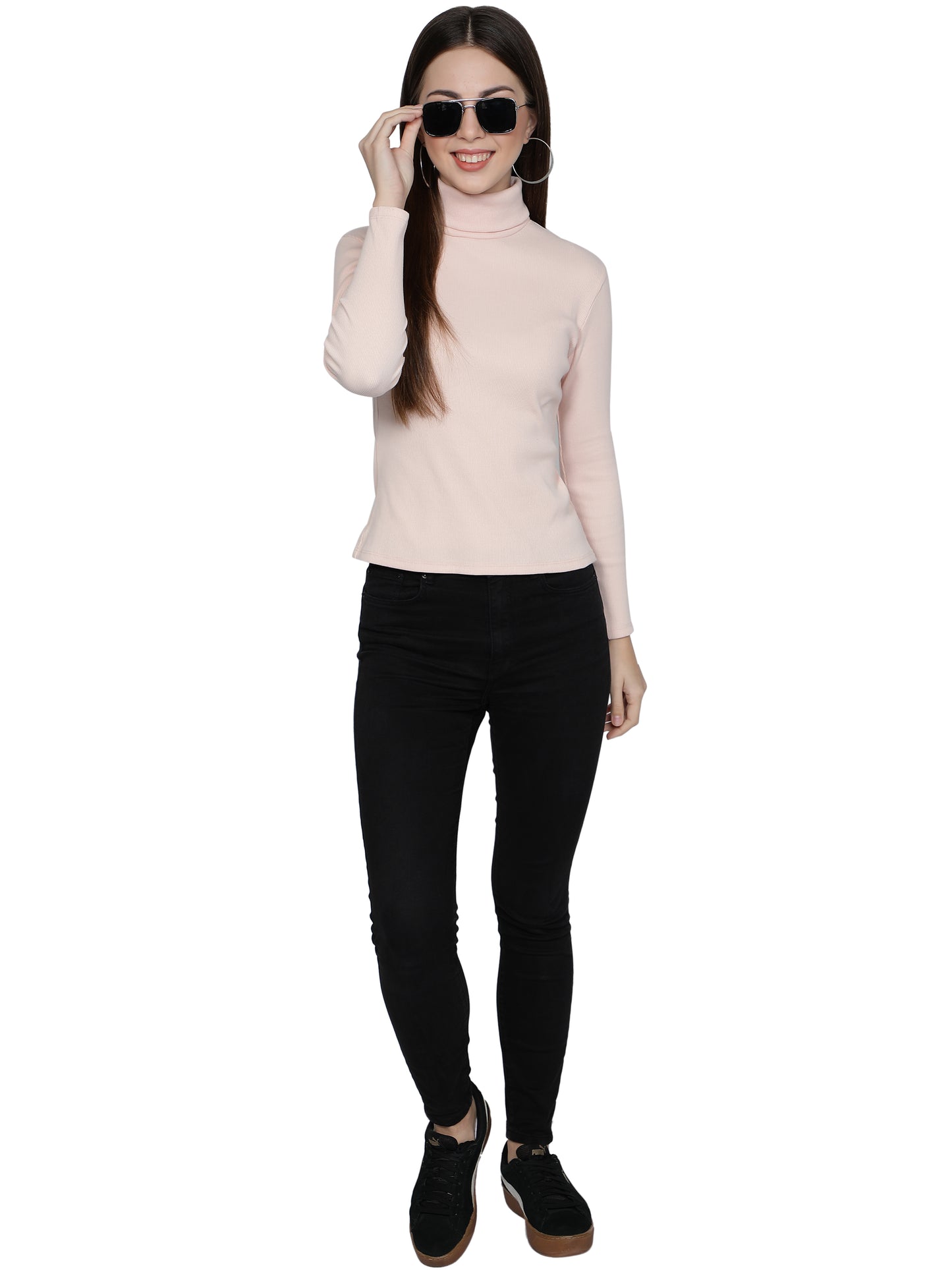 Women Roll-Up Ribbed Solid Light Pink High Neck Tops Turtle Neck Top for Women