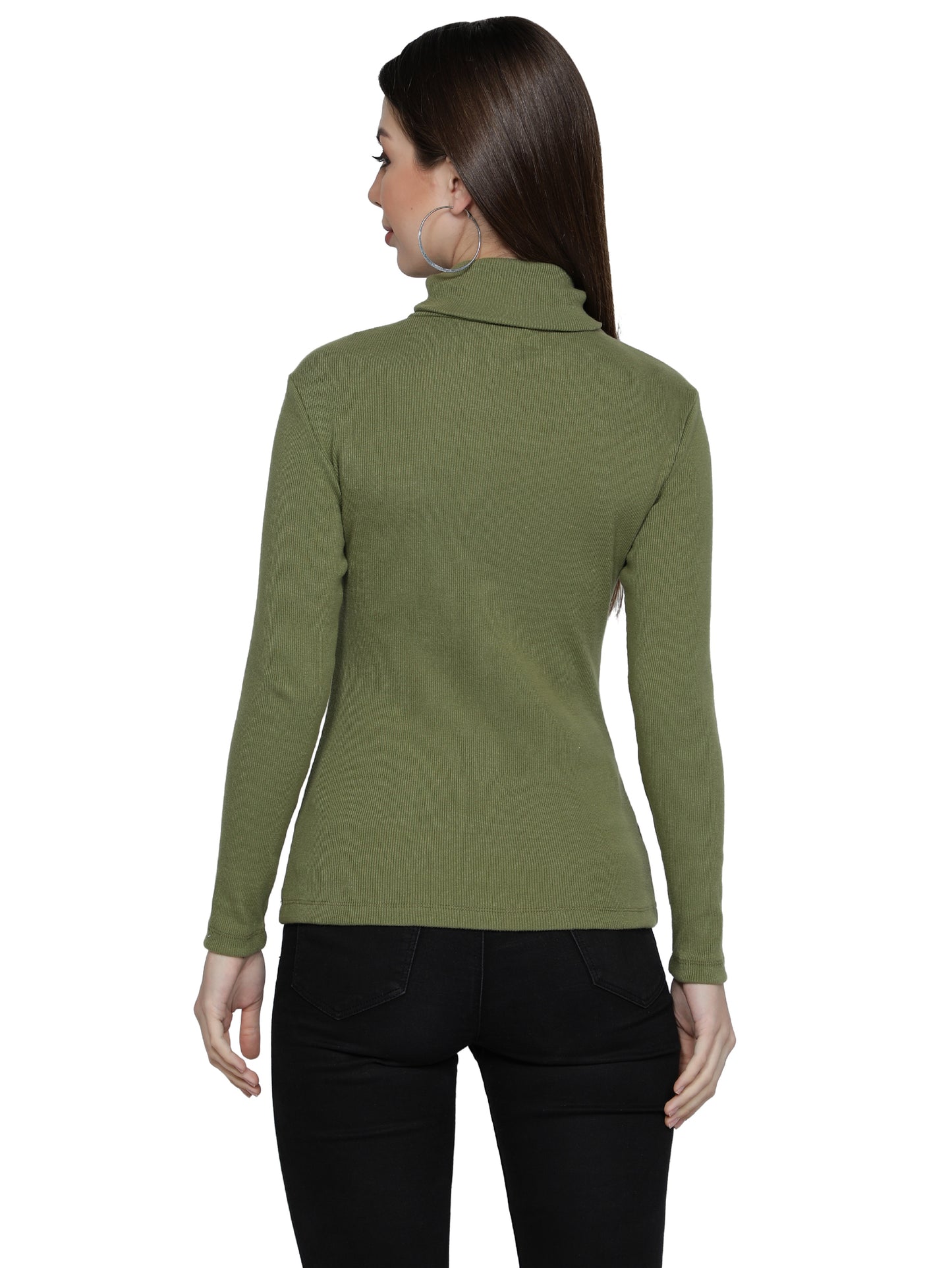 Women Roll-Up Ribbed Solid Olive High Neck Tops Turtle Neck Top for Women