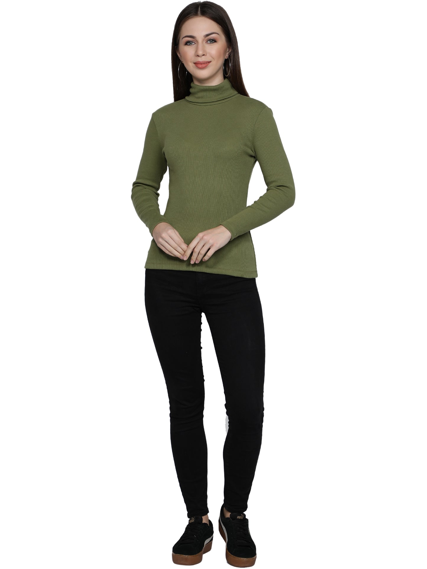 Women Roll-Up Ribbed Solid Olive High Neck Tops Turtle Neck Top for Women