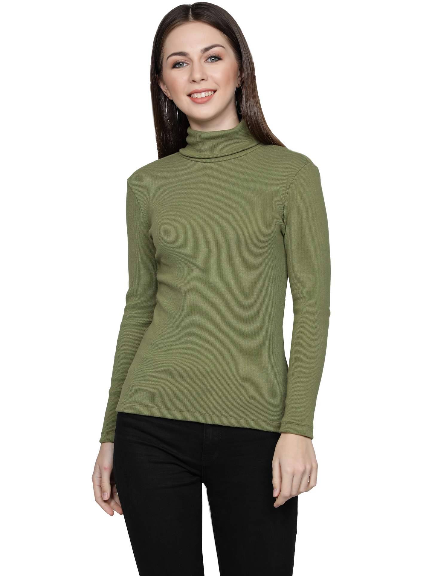 Women Roll-Up Ribbed Solid Olive High Neck Tops Turtle Neck Top for Women