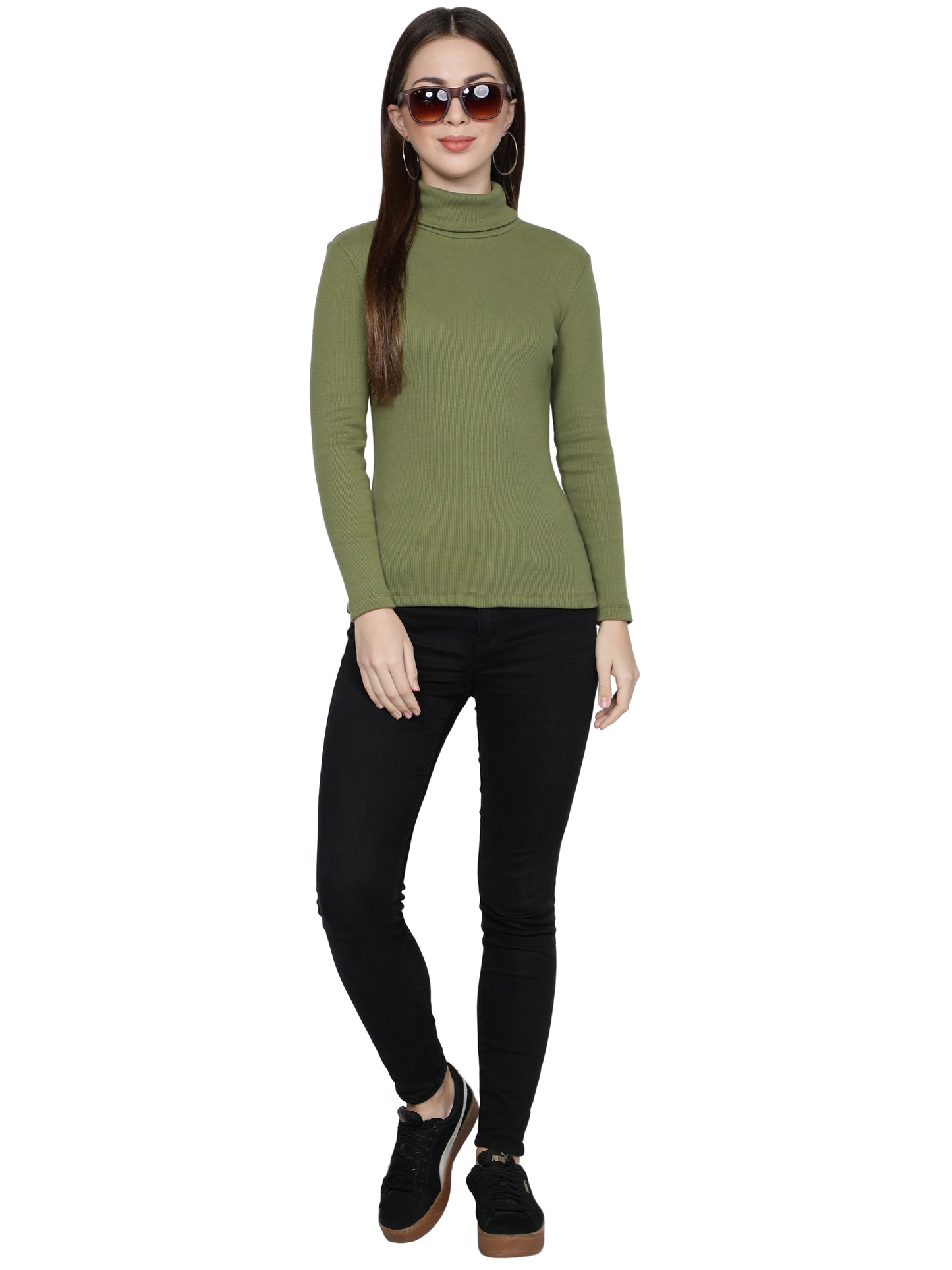 Women Roll-Up Ribbed Solid Olive High Neck Tops Turtle Neck Top for Women