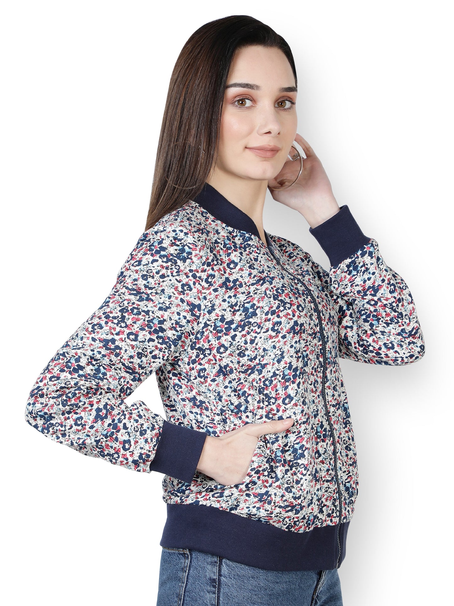 American Crepe Floral Print Multi Color Light Weight Jacket For Women/ Full Sleeve Printed Women Bomber Jacket