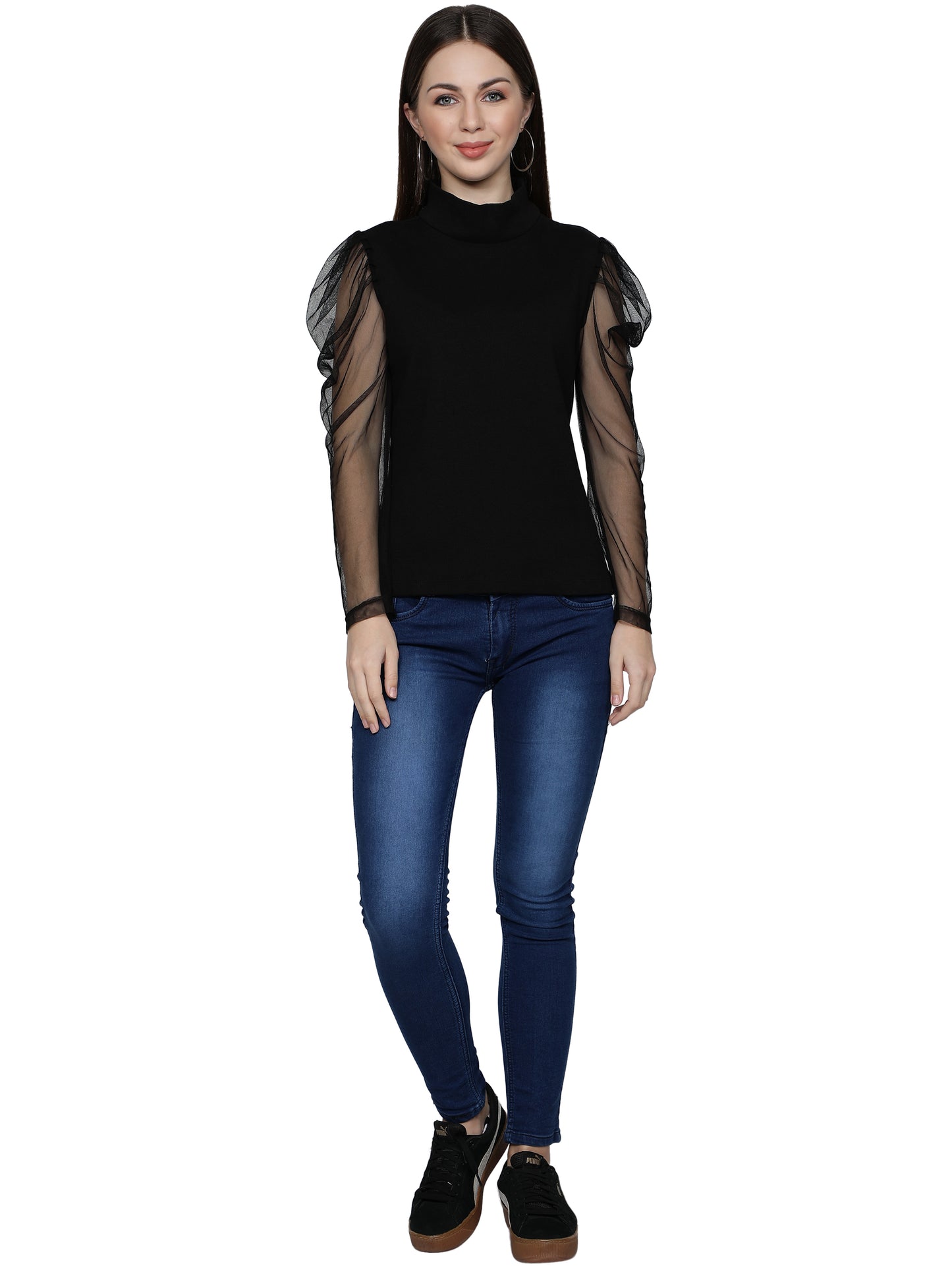 Women Roll-Up with Net Sleeves Ribbed Solid Black High Neck Tops Turtle Neck Top for Women