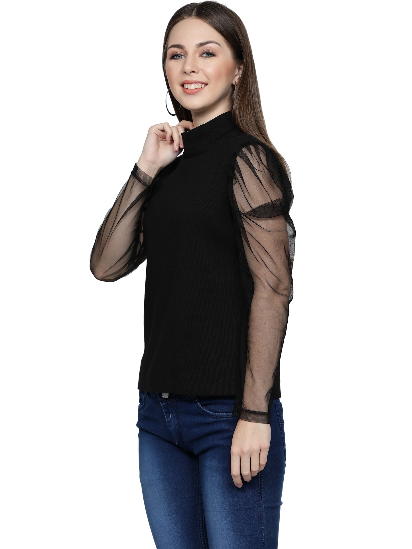 Women Roll-Up with Net Sleeves Ribbed Solid Black High Neck Tops Turtle Neck Top for Women