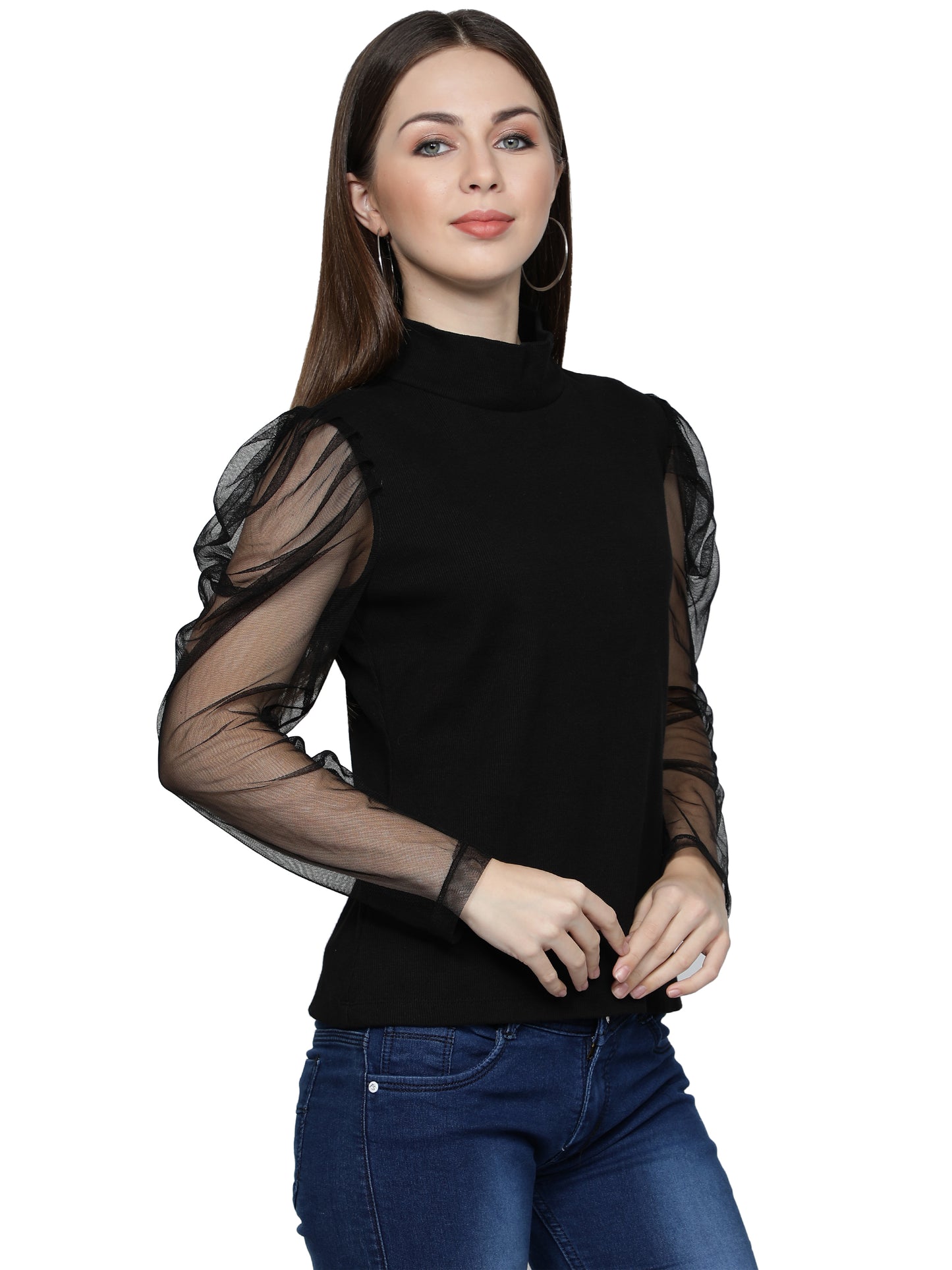 Women Roll-Up with Net Sleeves Ribbed Solid Black High Neck Tops Turtle Neck Top for Women