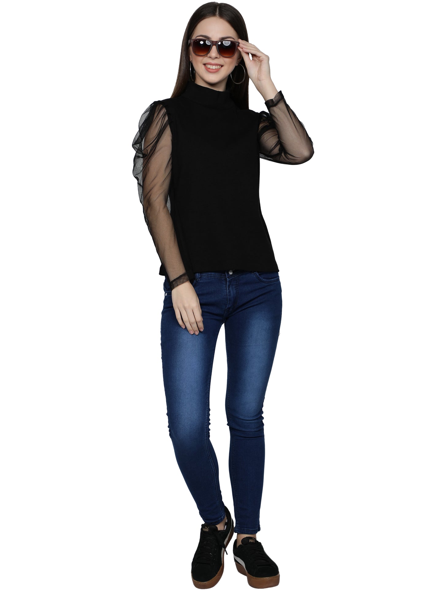 Women Roll-Up with Net Sleeves Ribbed Solid Black High Neck Tops Turtle Neck Top for Women