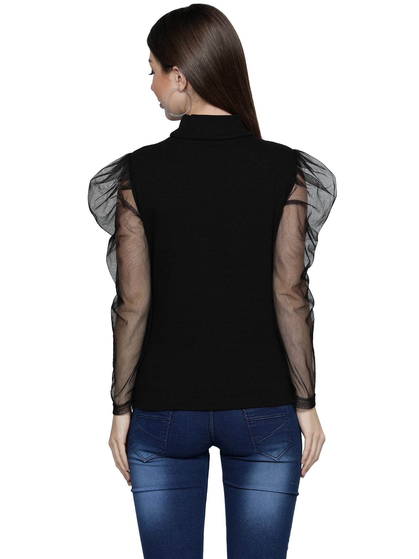 Women Roll-Up with Net Sleeves Ribbed Solid Black High Neck Tops Turtle Neck Top for Women