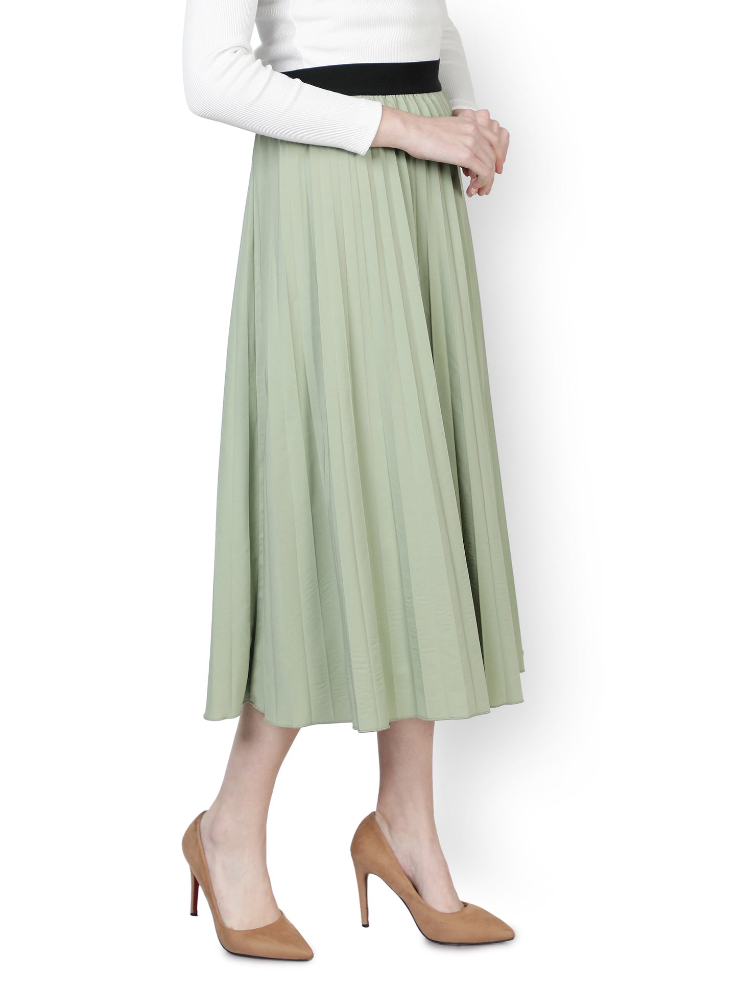 NUEVOSDAMAS Women Western Poly Lycra Solid Skirt | Latest Stylish A- Line Skirt for Summer | Party Casual Knee Length Skirt_ Green
