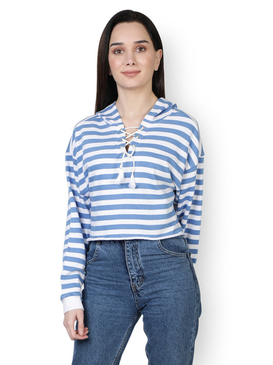 NUEVOSDAMAS Women Western Winter Wear Stripe Hooded Sweatshirt (White & Blue)