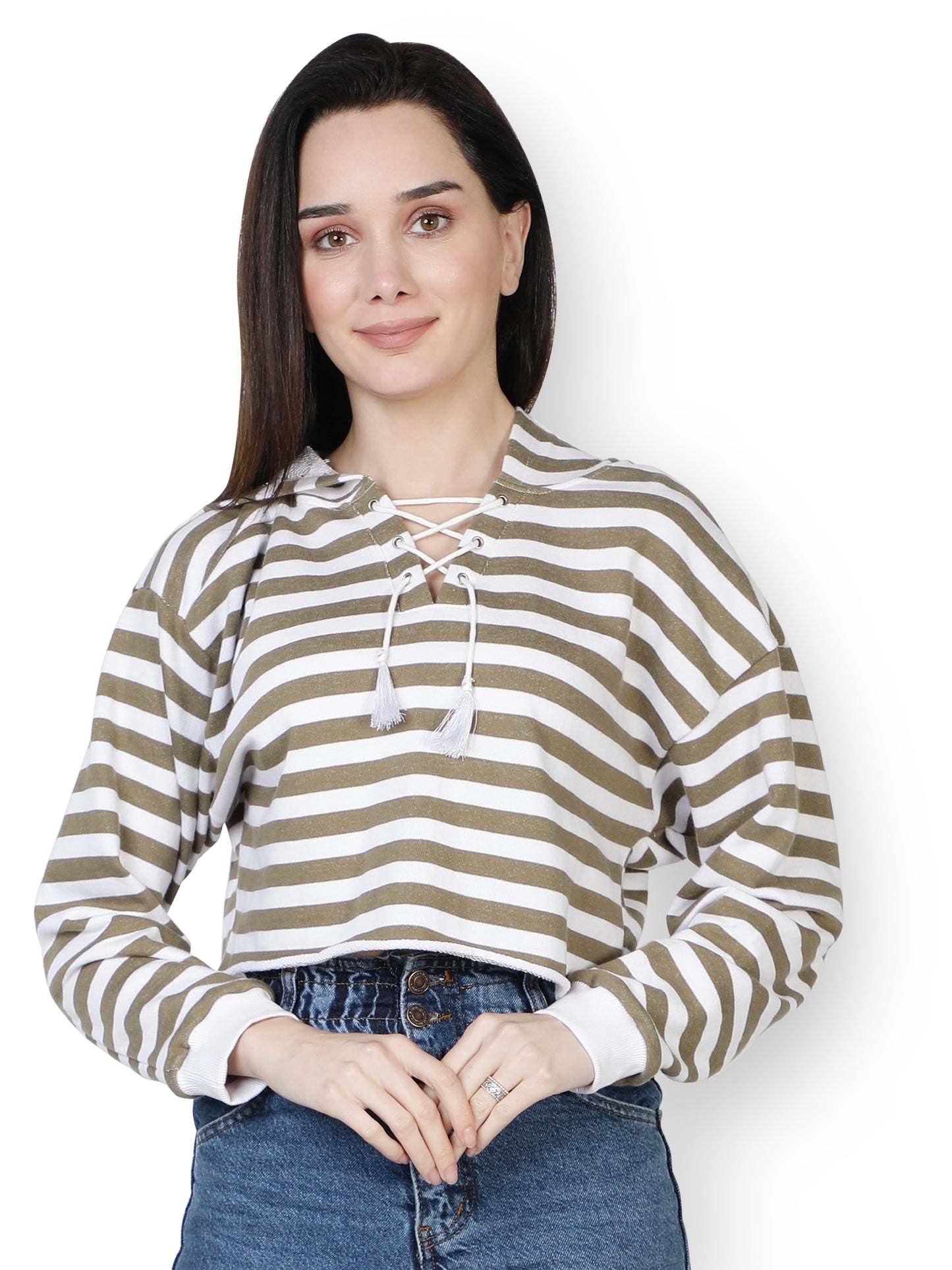 NUEVOSDAMAS Women WESTRUN WEAR Hooded White & Olive Stripe Sweatshirt