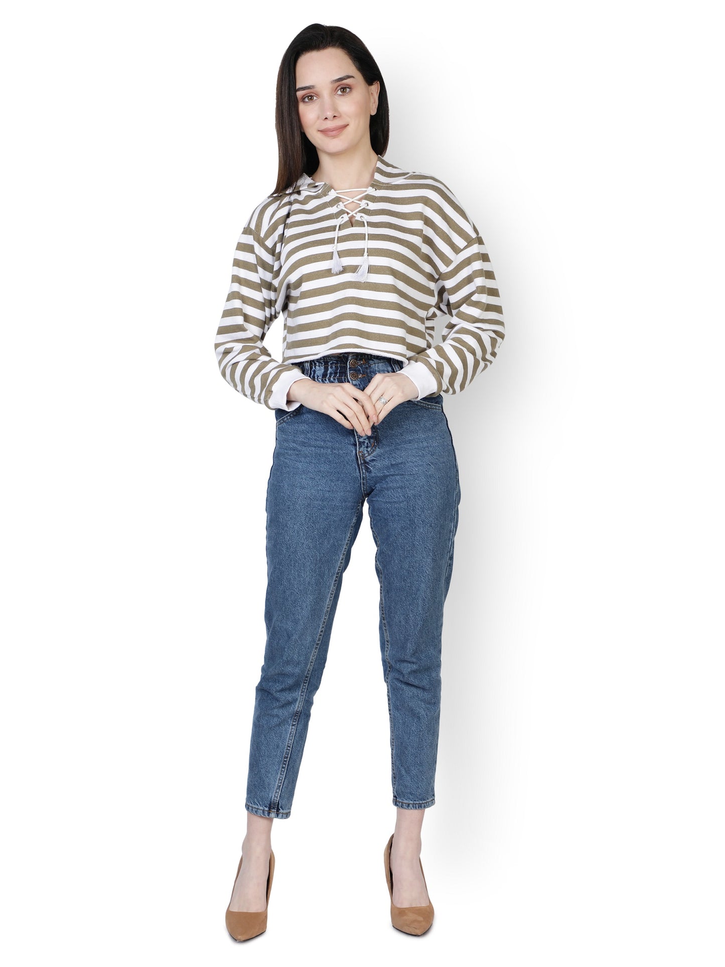 NUEVOSDAMAS Women WESTRUN WEAR Hooded White & Olive Stripe Sweatshirt