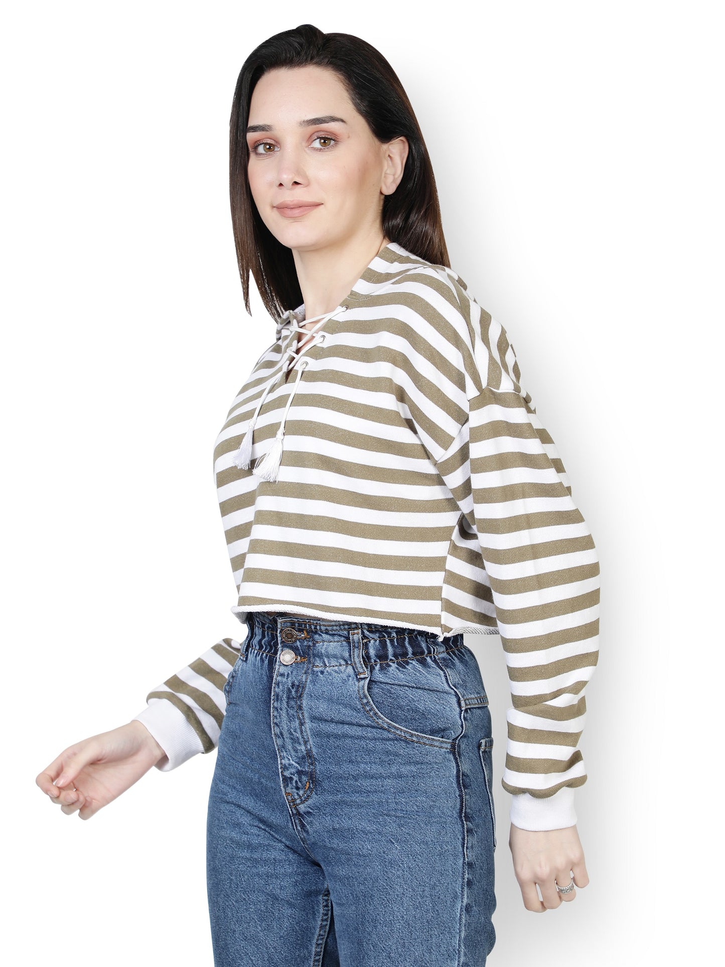 NUEVOSDAMAS Women WESTRUN WEAR Hooded White & Olive Stripe Sweatshirt