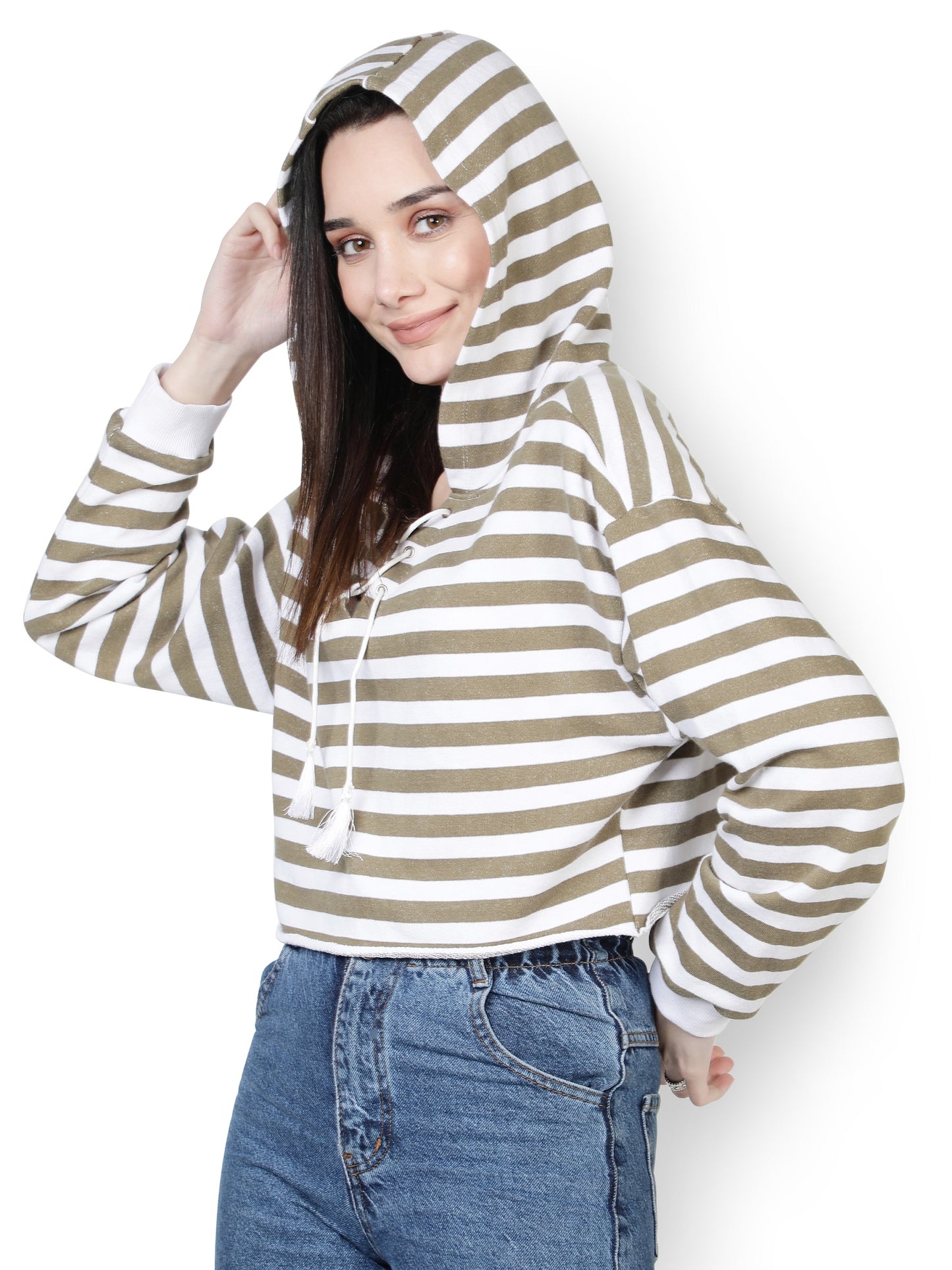 NUEVOSDAMAS Women WESTRUN WEAR Hooded White & Olive Stripe Sweatshirt