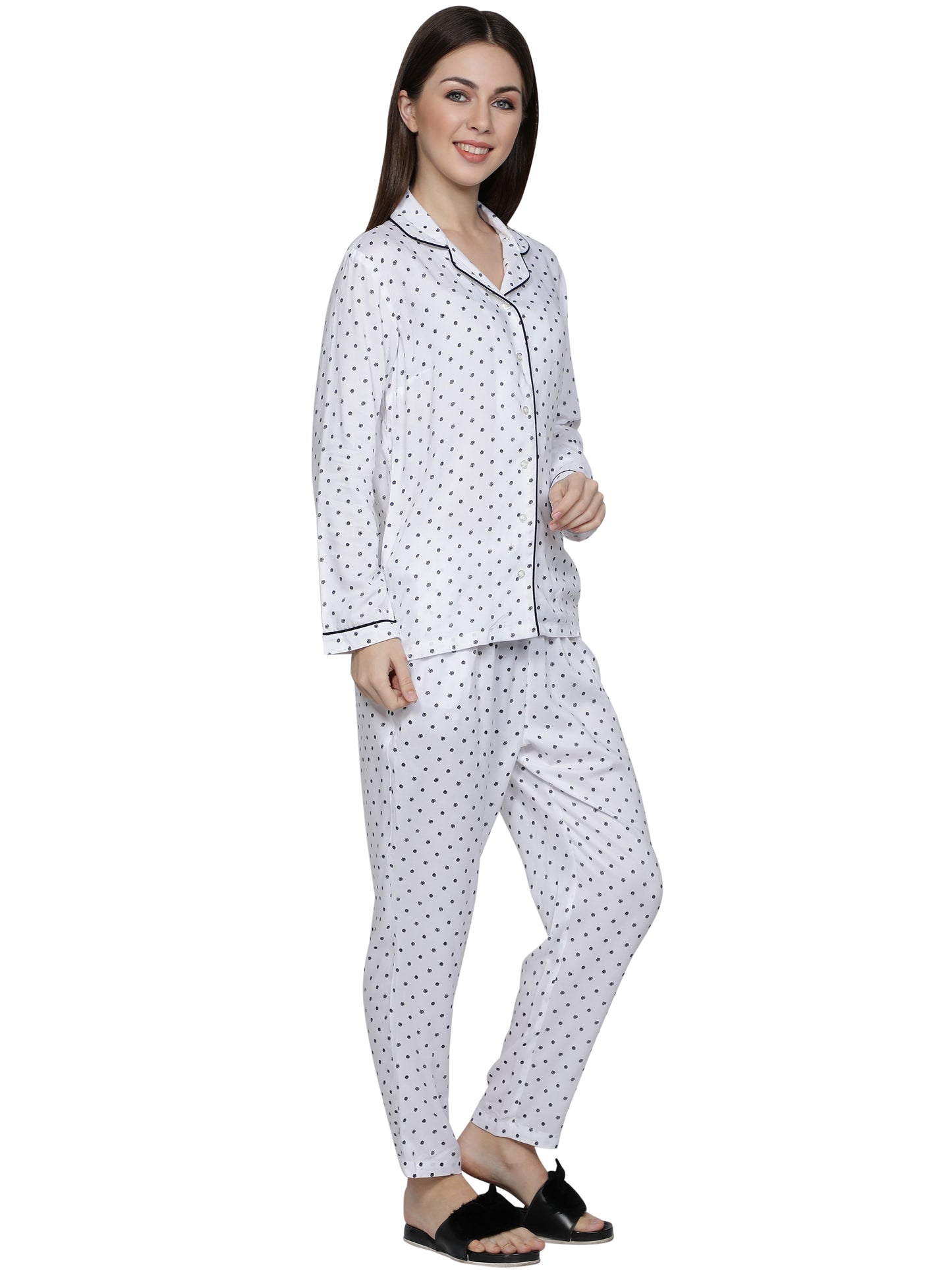 Women Polka Print Blue Night Suit Set freeshipping - NUEVOSDAMAS