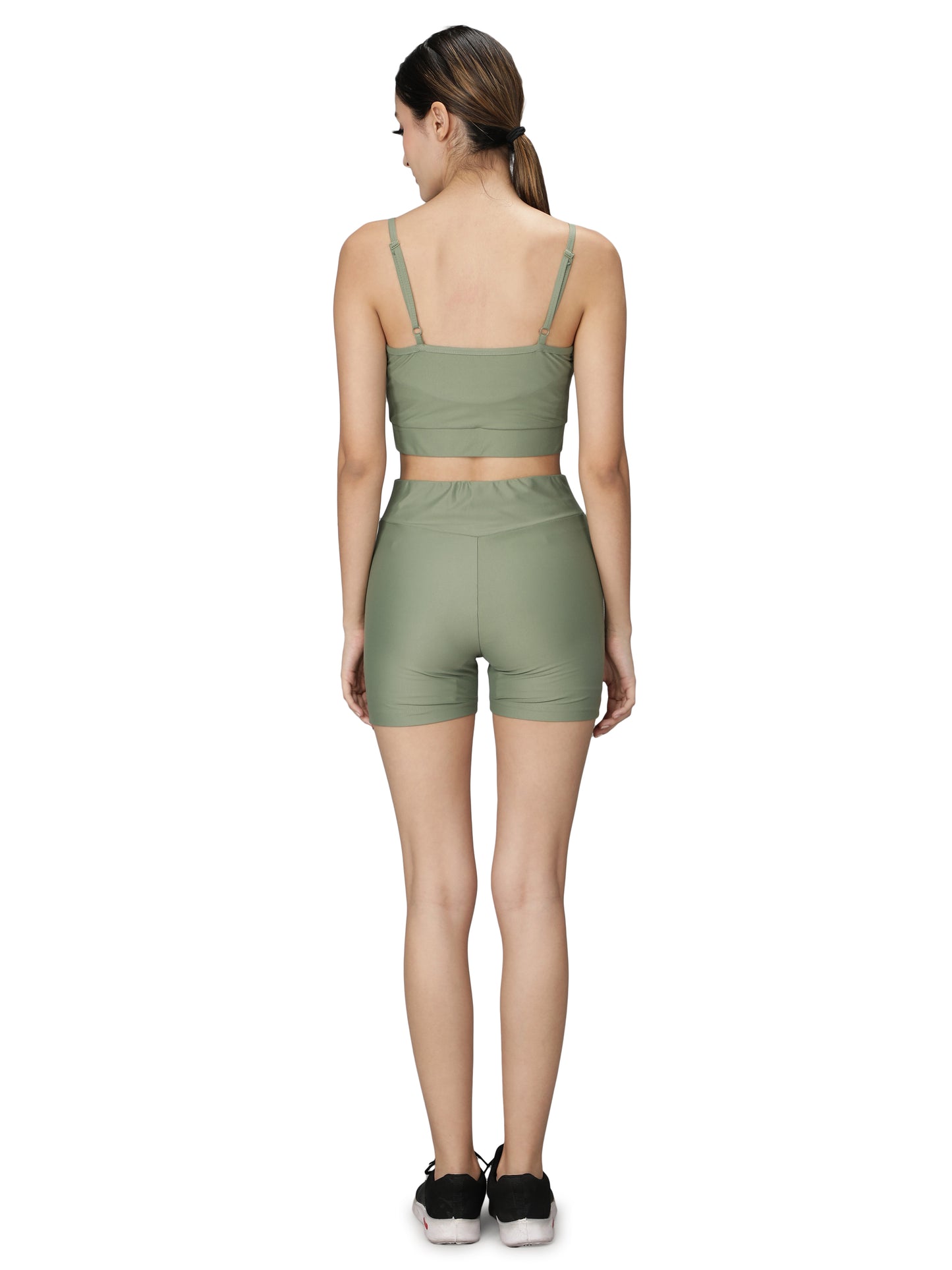 NUEVOSDAMAS OLIVE GREEN DRY FIT FABRIC PADDED BRA TOP AND SHORTS SET (Green, 2)