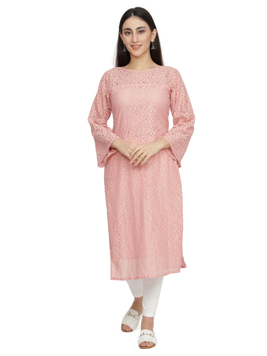 Women Printed Cotton Blend Straight Kurta  (Pink) freeshipping - NUEVOSDAMAS