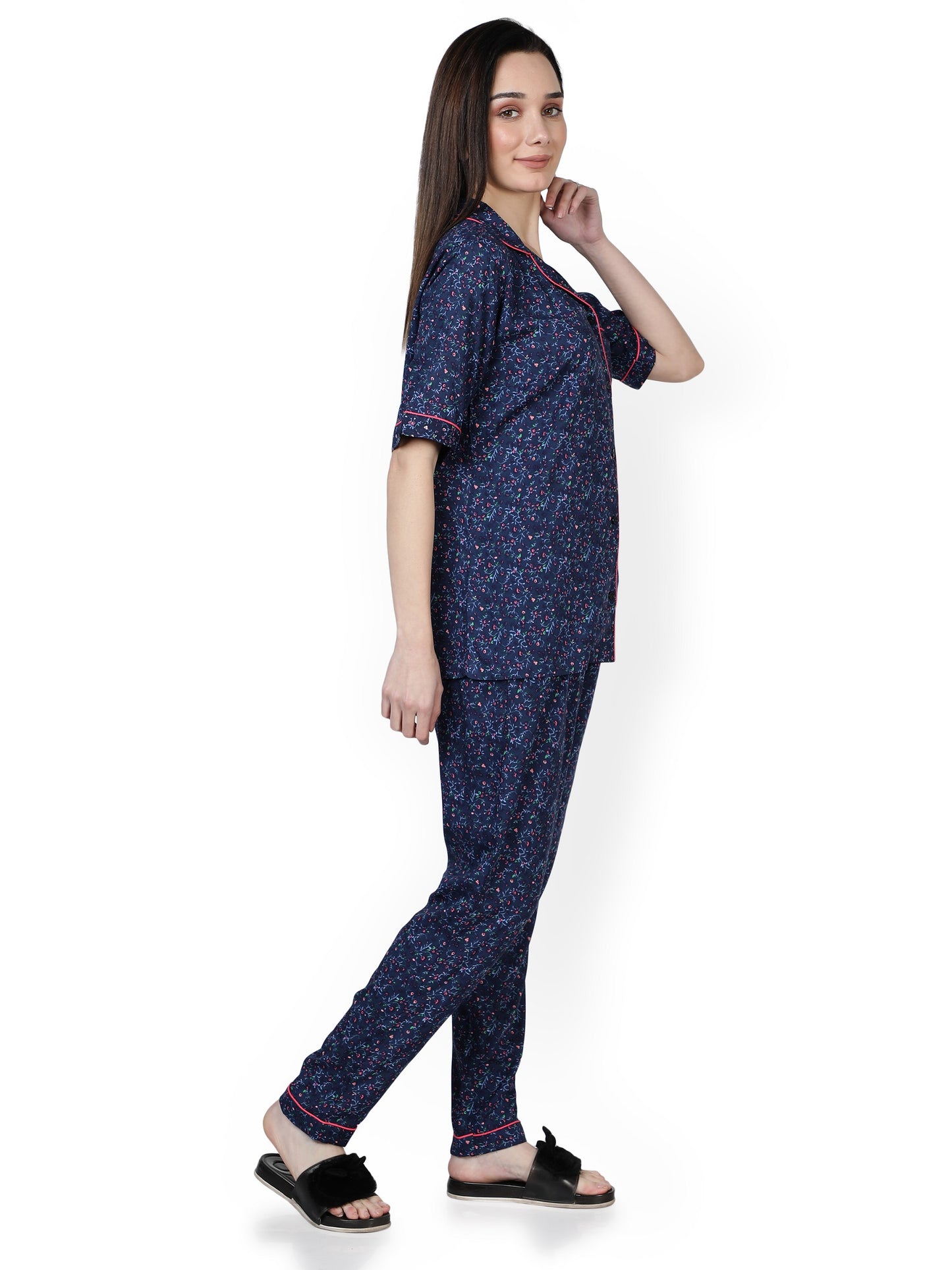 NUEVOSDAMAS WOMEN RAYON BLUE PRINTED NIGHT SUIT SET