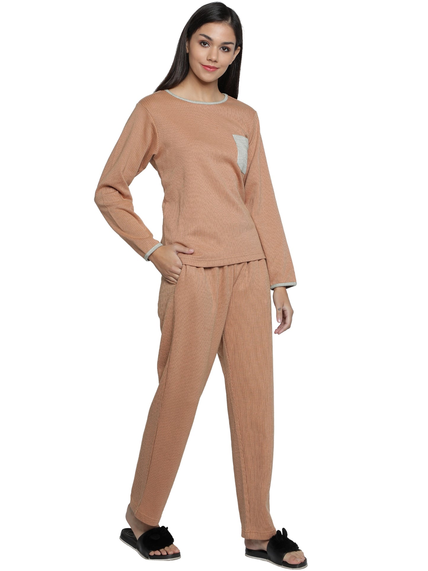 Women Orange Cotton Jersey Sleepwear Full Sleeves Duo Set