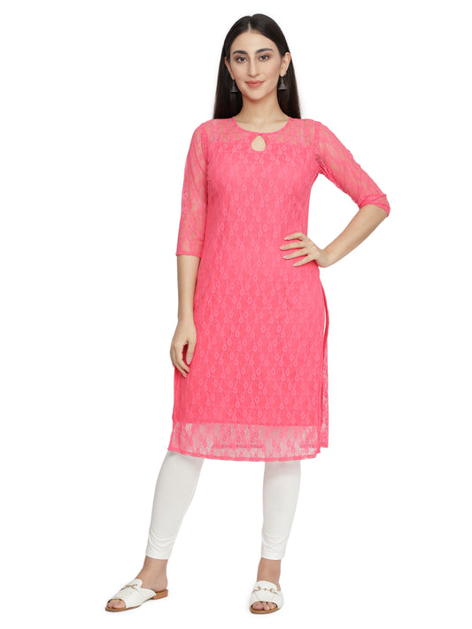 Women Printed Cotton Blend Straight Kurta  (Pink) freeshipping - NUEVOSDAMAS