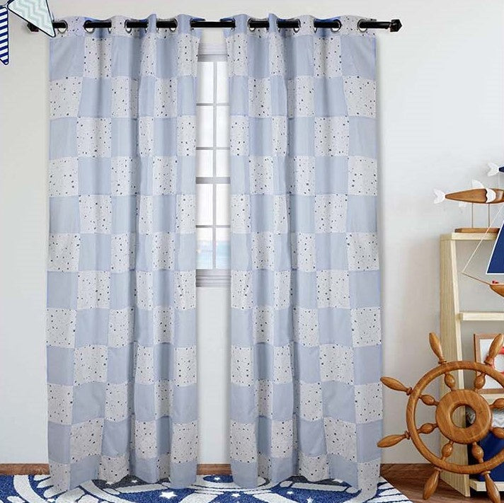 NUEVOSGHAR Pure Cotton Multi Color Bird Printed Patch Work Curtain Blue (Set of 2)