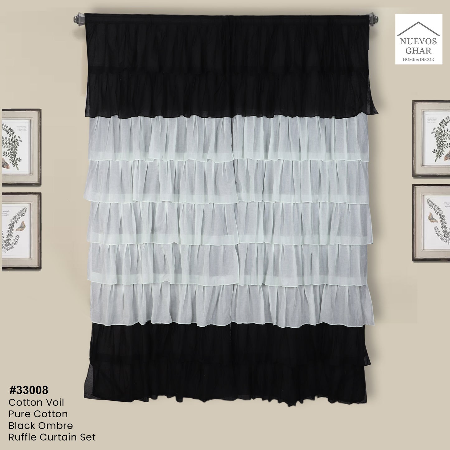 NUEVOSGHAR 213 cm (7 ft) Cotton Semi Transparent Door Curtain Single Curtain  (Solid, Black)