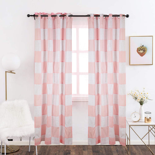 NUEVOSGHAR Pure Cotton Multi Color Bird Printed Patch Work Curtain Pink (Set of 2)