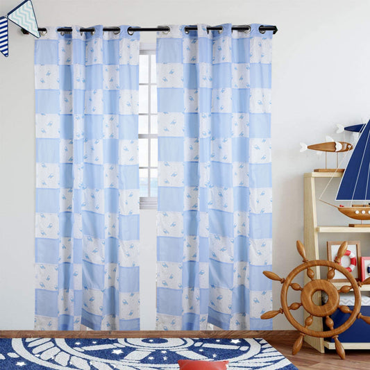 NUEVOSGHAR Pure Cotton Multi Color Bird Printed Patch Work Curtain Blue/White (Set of 2)