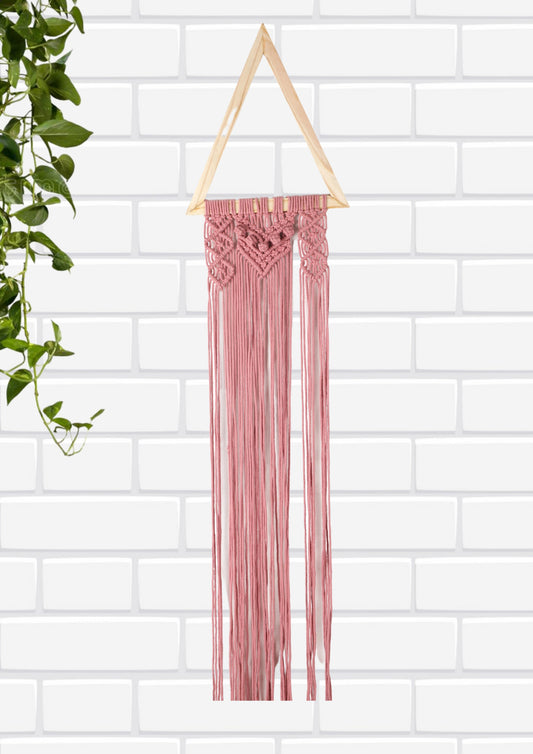 Macrame Wall Hanging Decor | Handmade Boho Wall Décor | Geometric Wall Hanging for Living Room & Bed Room| Wooden Triangle Shape Wall Décor| Pink Color