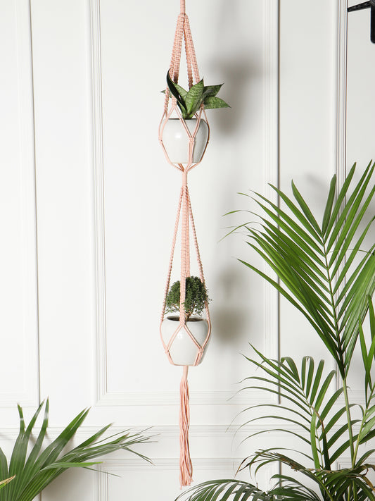 NUEVOSGHAR Macrame Plant Hanger| Boho 2 Teir Plant Holder| Hand Made Crochet Plant Holder|Outdoor Wall Hanging Plant Holder|Light Pink