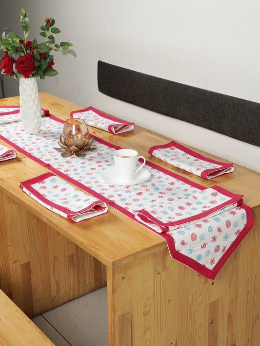 NUEVOSGHAR Floral Printed Table Runner And Placemats -7 Pcs Set_ White/ Pink