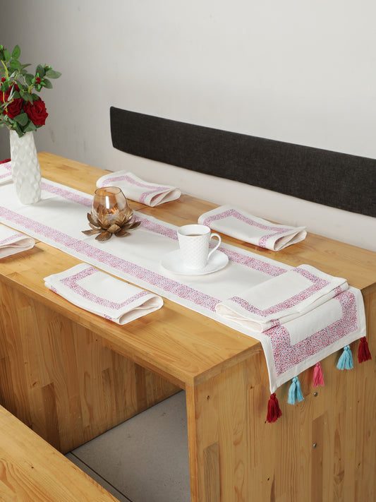 NUEVOSGHAR Printed Patch Work Table Runner With Tassles And Placemats -7 Pcs Set_Multi/Ivory