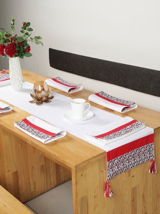 Printed Patch Work Table Runner with Tassles and Placemats -7 Pcs Set_Ivory/Red