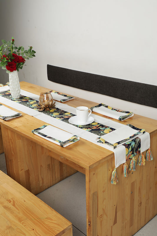 NUEVOSGHAR Printed Patch Work Table Runner with Tassles and Placemats -7 Pcs Set_Multi/Ivory