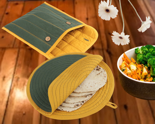 Pure Cotton Rectangle & Round Shape Roti/Chapati Cover Combo|Chapati Cloth Cover | Cotton Traditional Roti Warmer |Tortillas Cover| Kitchen Roti Keeper. Set-Pack of 2 Roti Covers(Green/mustard)