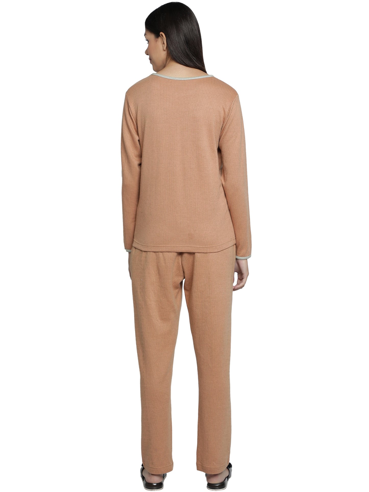 Women Orange Cotton Jersey Sleepwear Full Sleeves Duo Set