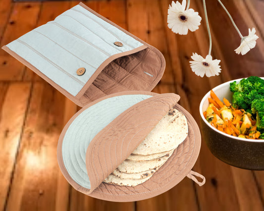 Pure Cotton Rectangle & Round Shape Roti/Chapati Cover Combo|Chapati Cloth Cover | Cotton Traditional Roti Warmer |Tortillas Cover| Kitchen Roti Keeper. Set-Pack of 2 Roti Covers(Sky Blue/Rust)