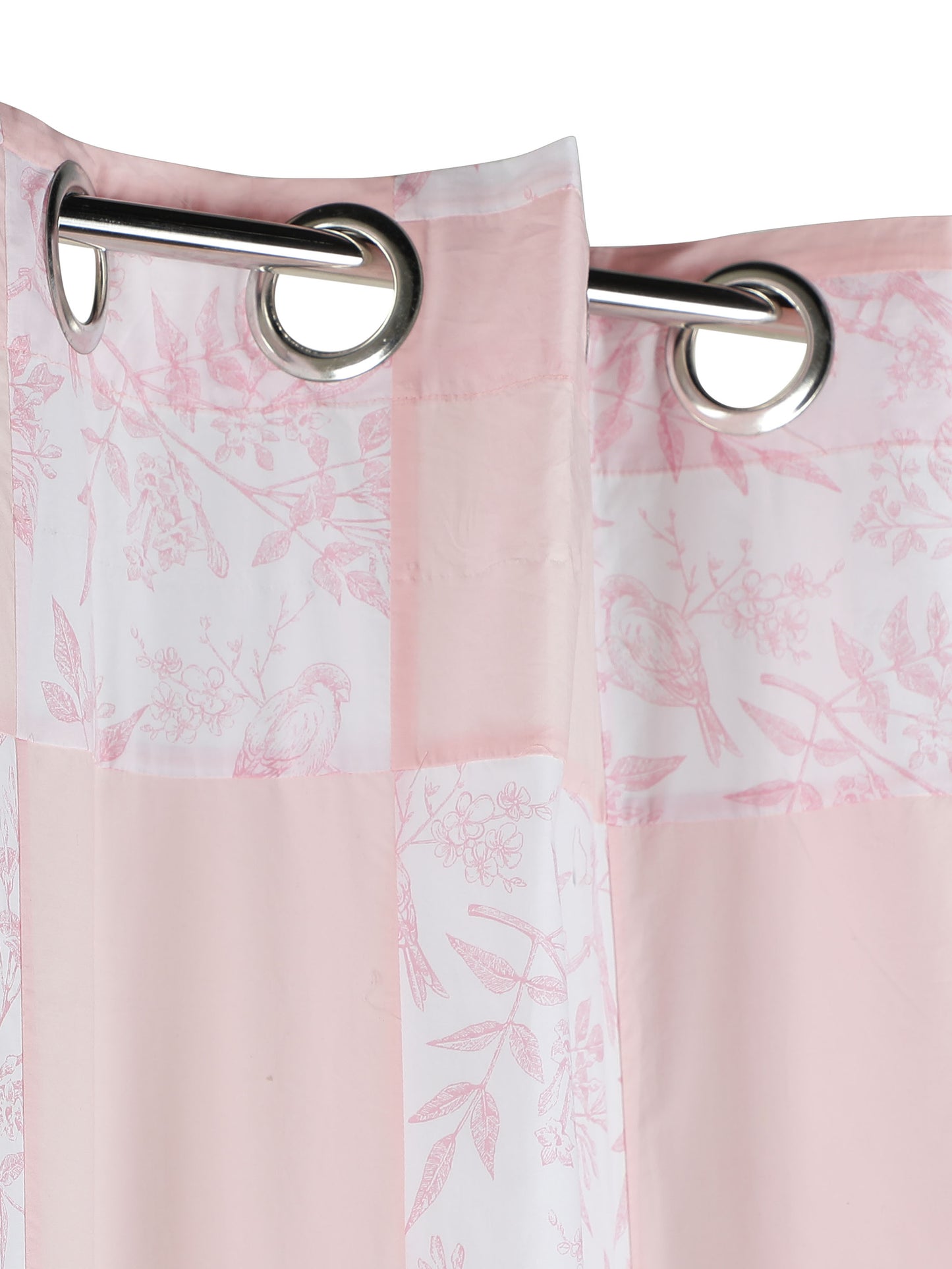 NUEVOSGHAR Pure Cotton Multi Color Bird Printed Patch Work Curtain Pink/White (Set of 2)