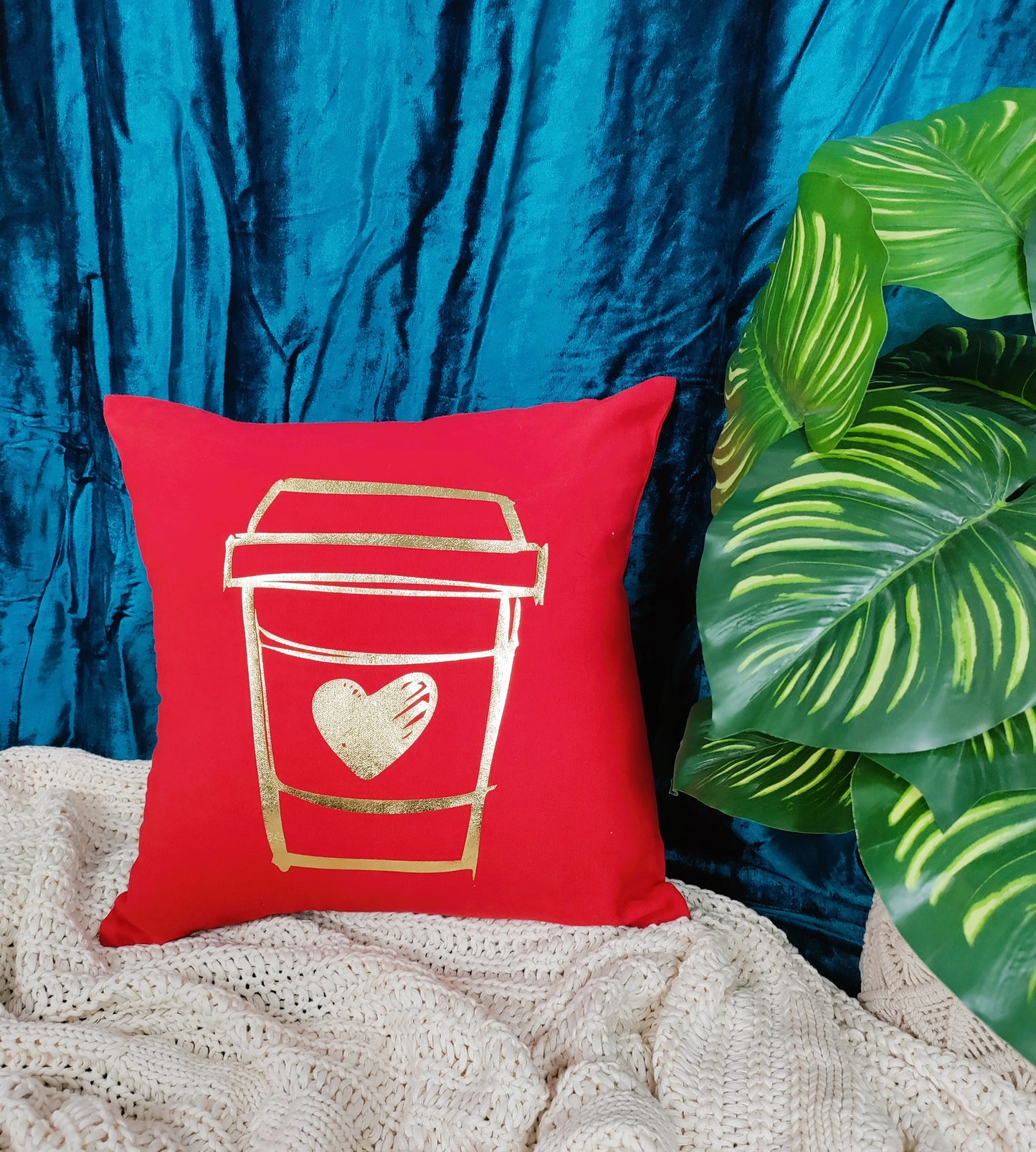 Valentine's Day Cotton Printed Cushion | Coffee Mug Printed Cushion Gift | Valentine Gift for Boyfriend Girlfriend | Couples Gift for Him / Her |16x16 Inch_Red