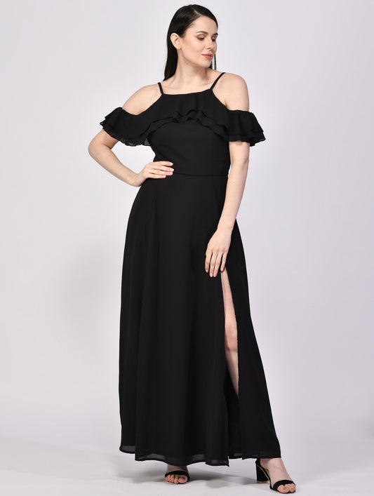 NUEVOSDAMAS Georgette Solid Designer Black Dress For Women