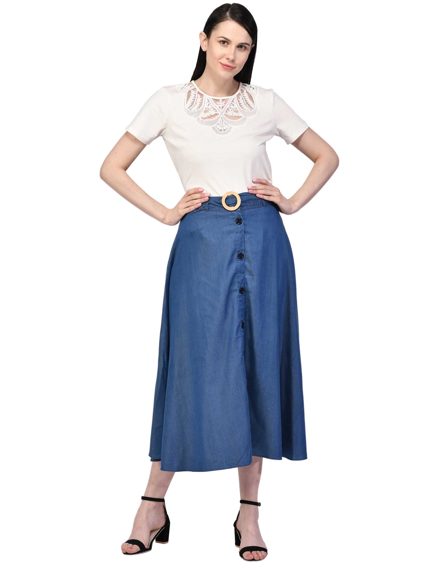 NUEVOSDAMAS Women's Solid Denim A-line Long Skirt (Blue)