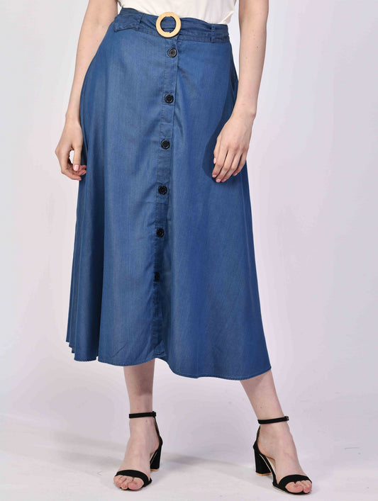 NUEVOSDAMAS Women's Solid Denim A-line Long Skirt (Blue)