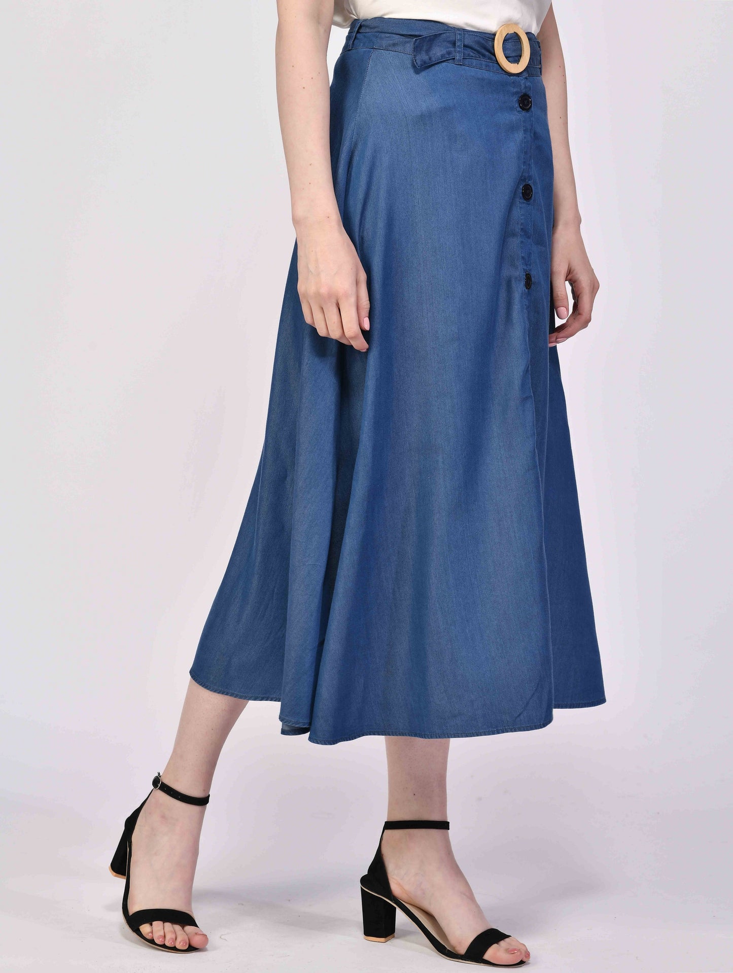 NUEVOSDAMAS Women's Solid Denim A-line Long Skirt (Blue)