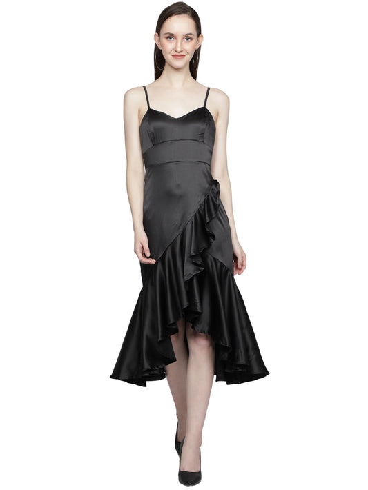 NUEVOSDAMAS Women Satin Lycra Solid Designer Western Wrap Frill Midi Dress | Stylish Adjuster Stripe | Black