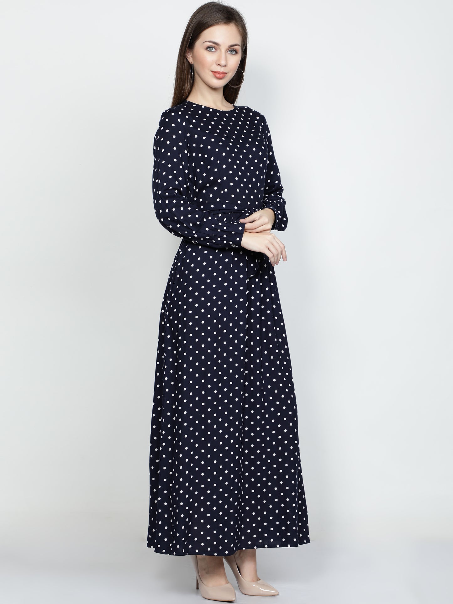 NUEVOSDAMAS Women Rayon Dot Printed Designer Dress | Maxi Dress | Summer Maxi Dresses_ Blue