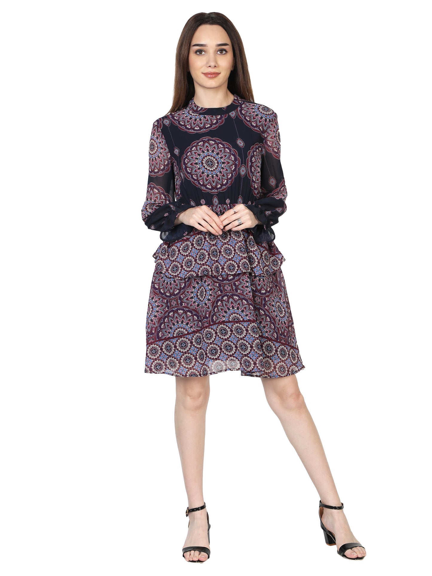 NUEVOSDAMAS Women Georgette Printed Designer Fit And Flare Dress