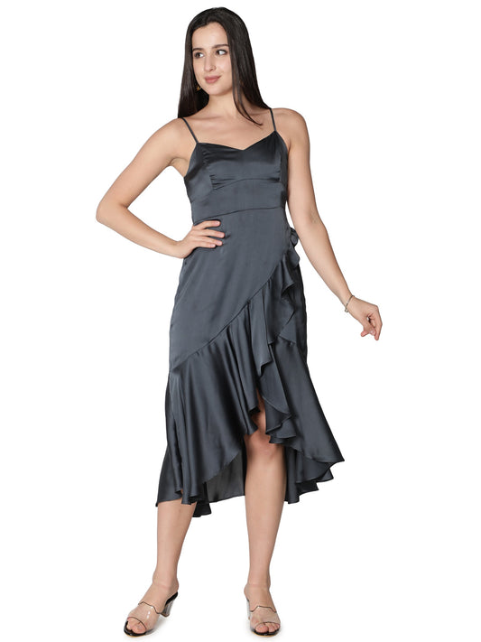 NUEVOSDAMAS Women Satin Lycra Solid Designer Dress | Latest Western Warp Frill Dress for Women